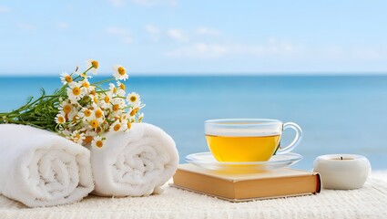 A relaxing beach scene with chamomile tea, towels, book, and candle near the ocean