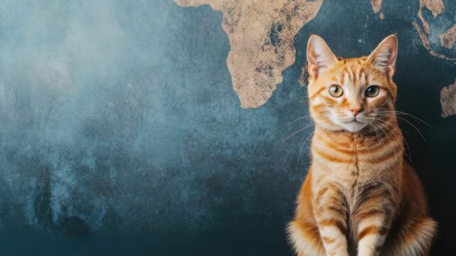 Orange tabby cat sitting in front of world map