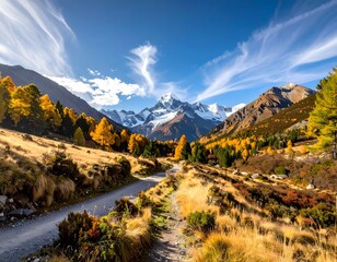 Fototapeta premium Majestic autumn mountain road bathed in golden light, vibrant fall colors