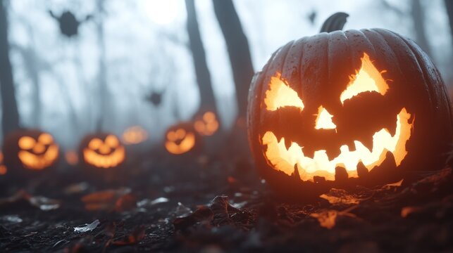 Spooky Carved Pumpkins: A chilling scene of glowing Jack-o'-lanterns nestled in a foggy forest, embodying the essence of Halloween spirit.