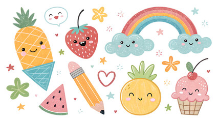 Funny cartoon fruits (strawberry, pineapple) with rainbow and sun. Bright doodle illustration for kids&rsquo; designs, posters, stickers, and playful artwork.