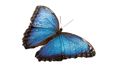 Naklejka premium Blue Butterfly Wings with Water Droplets Closeup on white Background