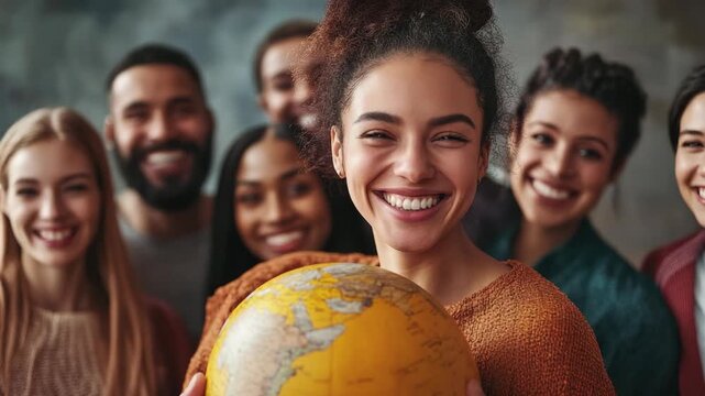 Diverse young adults smiling, holding globe, showing unity and cultural diversity