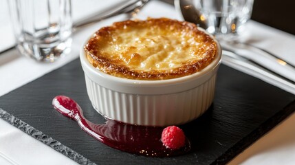 Brioche pudding serving gourmet custard dessert with golden-brown top in white ceramic dish on slate board with raspberry coulis decoration