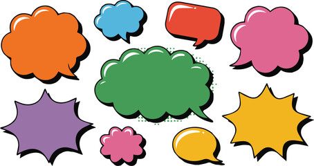 Vector art of collection of colorful comic book style speech bubbles