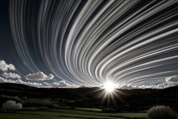 A breathtaking landscape view with a dramatic swirling celestial effect overhead, showcasing the sun's rays penetrating through a tapestry of long-exposure streaks.