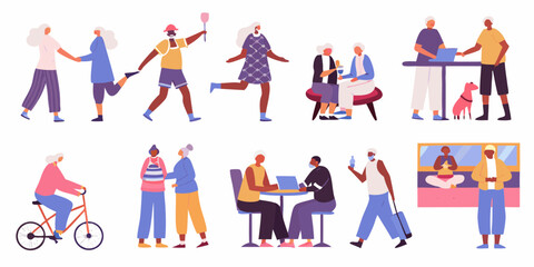 Diverse group of active seniors enjoying various activities and hobbies together in a modern flat illustration style