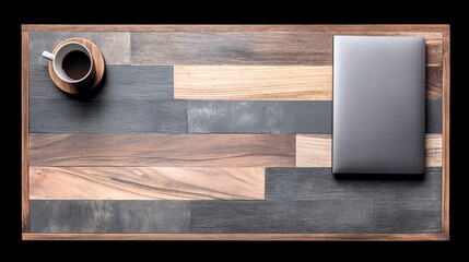 An overhead view showcases a laptop and a coffee cup resting on a richly textured wooden surface, creating a warm and inviting workspace aesthetic, emphasizing modern simplicity.
