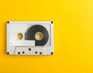 Obraz premium A white cassette tape on a bright yellow background