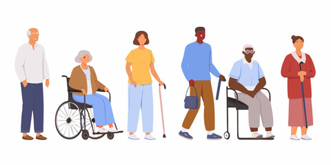 Diverse group of elderly people with mobility aids including wheelchairs and canes standing together