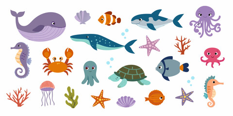 Naklejka premium Collection of cute cartoon sea creatures and ocean life elements on white background