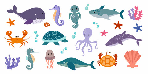 Collection of cute cartoon sea creatures and ocean life with bubbles and coral © Shuvra Majumder