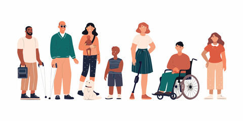 Obraz premium Diverse group of people with disabilities and a service dog standing together