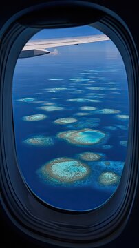 Fototapeta A breathtaking aerial view of coral atolls scattered across a vast expanse of azure ocean, seen through an airplane window.