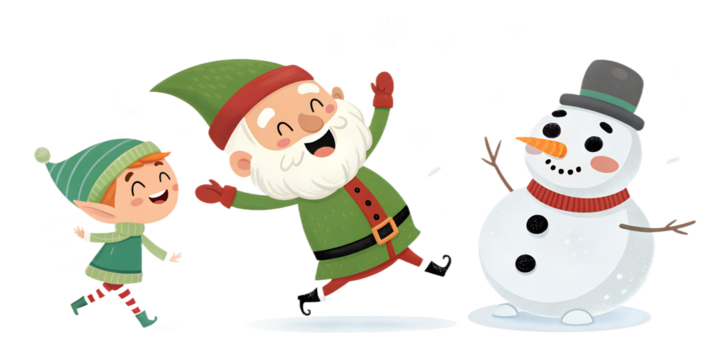 Joyful winter celebration featuring a cheerful elf, a jolly Santa Claus, and a friendly snowman in a snowy landscape full of festive spirit