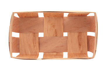 Empty fruit tray made of thin wooden plywood, isolated on transparent background, full focus. Minimal rustic container, natural eco packaging and storage solution