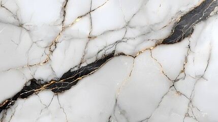 A striking image of white marble with prominent black veins and golden highlights, showcasing a natural stone texture.