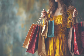 Woman in yellow dress holding colorful shopping bags in a soft background