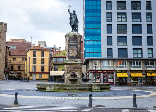Gijon, Spain - January 25, 2019: Pelagius monument in Gijon city, northwestern Spain