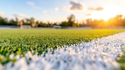 Green Field with Sunshine: A detailed shot of a green field on a sunny day, showcasing the fresh, well-maintained grass and the sunlight breaking through the horizon, giving a natural, clean.