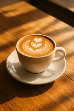 Cup of coffee on wooden table, digital illustration