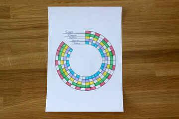 Sheet of paper with a habit tracker with 5 habits: sport, protein, vitamins, water, sleep. Healthy lifestyle concept, habit tracking concept