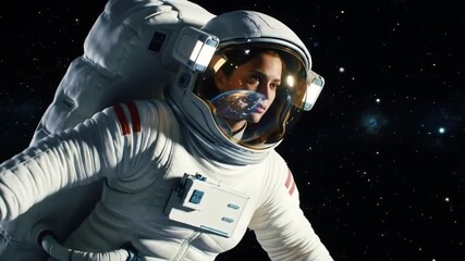 A determined female astronaut in a detailed white spacesuit floats in the vastness of outer space, her helmet visor reflecting the distant starlight and nebulae. - Powered by Adobe