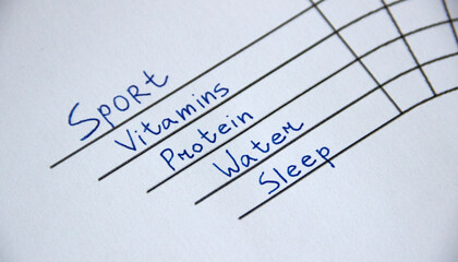 Close up of a hand-written list of 4 healthy habits: sport, vitamins, protein, water and sleep, isolated on white, healthy lifestyle concept, habits, daily routine