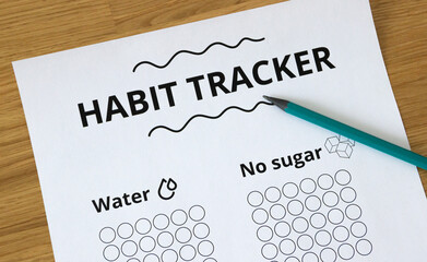 Extreme close up of a headline that says 'Habit Tracker', with a pencil pointing to the headline, habit tracking concept, positive mindset, discipline, routine