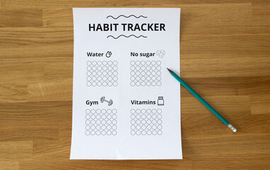 Sheet of paper that says 'Habit Tracker' with 4 habits: water, no sugar, gym, vitamins. The sheet lying straight on the table with a pencil pointing to one of the habits, habit tracking concept