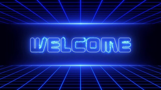 Glowing Blue Neon Welcome Text Animation with Futuristic Grid Background