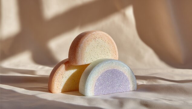 Soft pastel rainbow shaped objects artfully arranged on draped fabric with gentle shadows. - Powered by Adobe