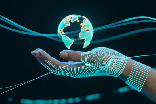 Digital World Globe on Human Hand with Cybernetic Fingerprint Scan Technology
