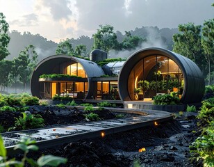 Futuristic Sustainable Home Design: Green Roof, Solar Panels, Concrete Structure