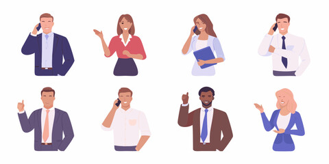 Diverse group of business professionals in professional attire communicating and gesturing on white background