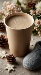 Warm drink in a kraft paper cup surrounded by winter decorations