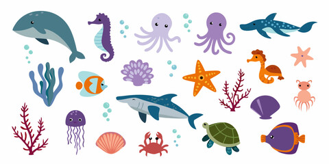 Collection of cute cartoon sea creatures and marine life illustrations with coral and bubbles