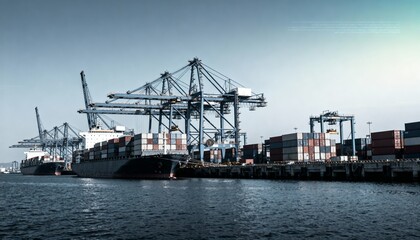 Fototapeta premium Container Port Operations: Cargo Ships and Cranes Loading and Unloading Containers for Global Shipping