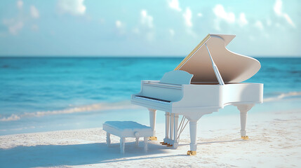 White Grand Piano Musical Instrument with Blue Sea Background on Tropical Beach