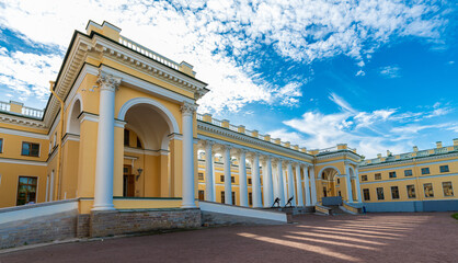 Facade of the Imperial Alexander Palace in Tsarskoe Selo, Pushkin, St. Petersburg, Russia.