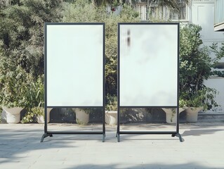 Two blank vertical outdoor advertising panels stand in a garden setting, ready for custom design.