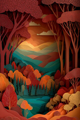 Abstract Autumn forest layer paper cut background, a peaceful and serene landscape, beautiful nature