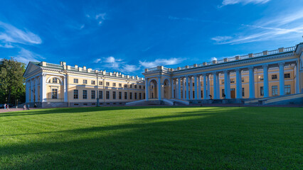 Facade of the Imperial Alexander Palace in Tsarskoe Selo, Pushkin, St. Petersburg, Russia.