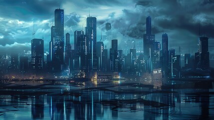 Fototapeta premium Tomorrow’s Skyline: Dazzling Futuristic City Building Scene – Sleek Skyscrapers with Glass Facades That Glow Neon at Dusk, Hovering Transport Pods Zipping Between Towers,