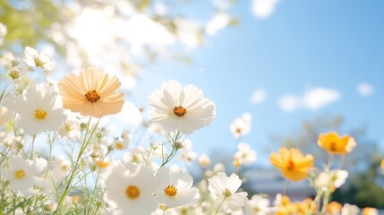 Obraz premium Cosmos Flowers Blooming in Sunshine: A vibrant field of delicate cosmos flowers in full bloom basks in the warm embrace of sunlight against a bright blue sky.