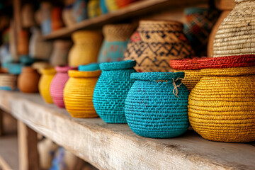 Bright colorful wicker baskets on a wooden shelf for home decor and cultural accent at an African market