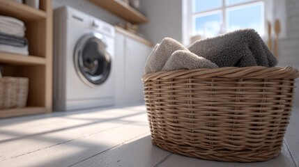 Fototapeta premium Clean scandinavian laundry room with modern washing machine wicker basket and organized laundry space