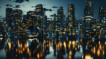 Fototapeta premium Tomorrow’s Skyline: Dazzling Futuristic City Building Scene – Sleek Skyscrapers with Glass Facades That Glow Neon at Dusk, Hovering Transport Pods Zipping Between Towers,
