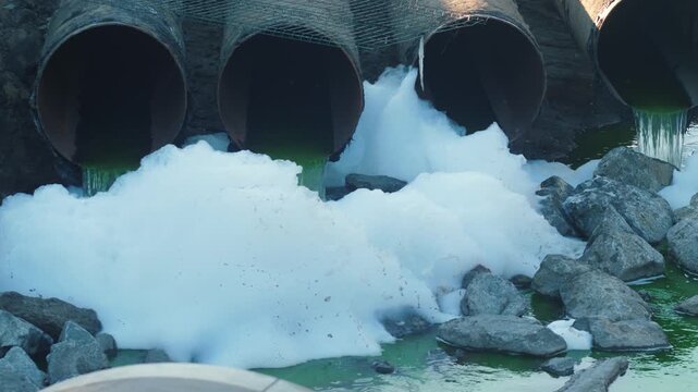 Industrial waste flows from pipes polluting the river, chemical waste poisons the environment, environmental problems due to industrial waste