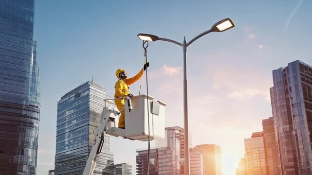 Worker repairing a streetlight in the city.